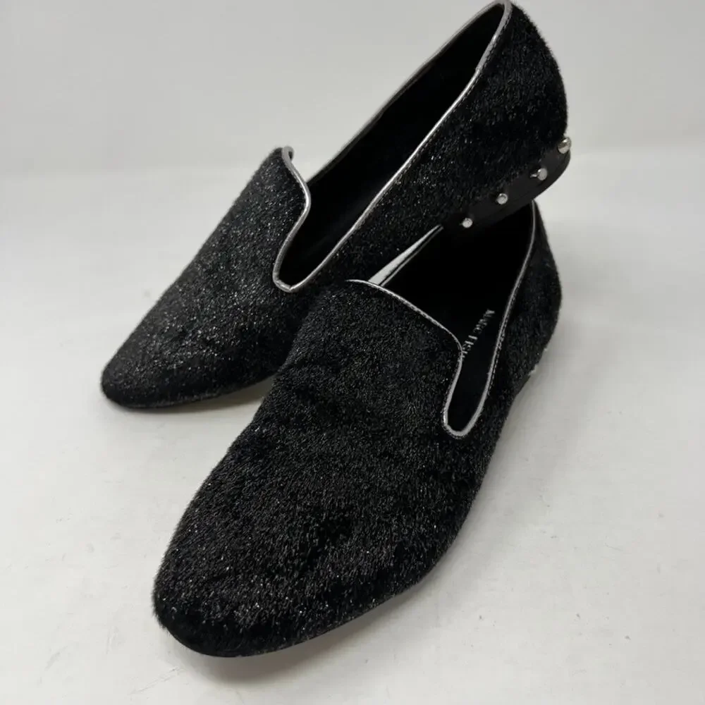 Marc Fisher Black Silver Shimmer Studded Abree Faux Fur Womens Loafers Shoes 7.5